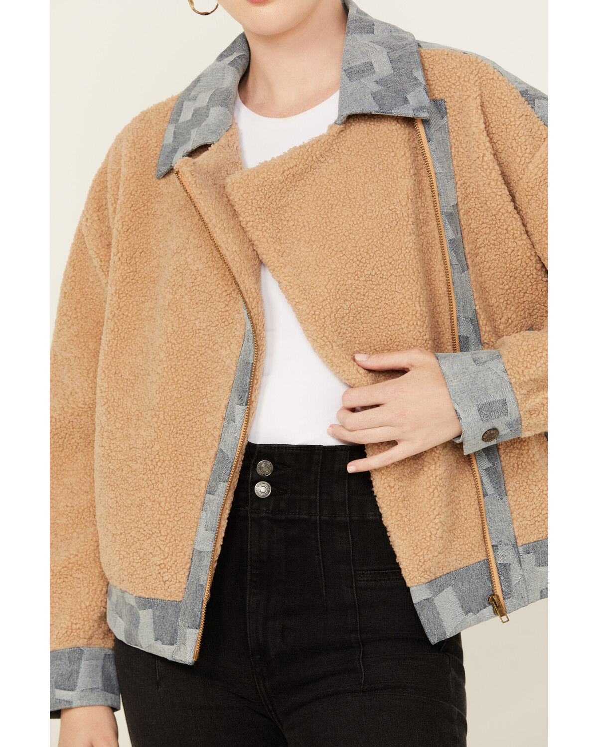 Image #3 - Miss Me Women's Fleece Moto Jacket, Lt Brown, hi-res
