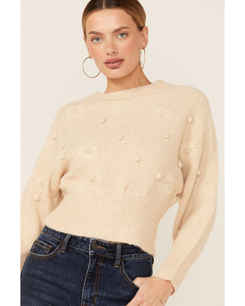 Lush Women's Cream Floral Pompom Embroidered Crop Sweather, Cream, hi-res