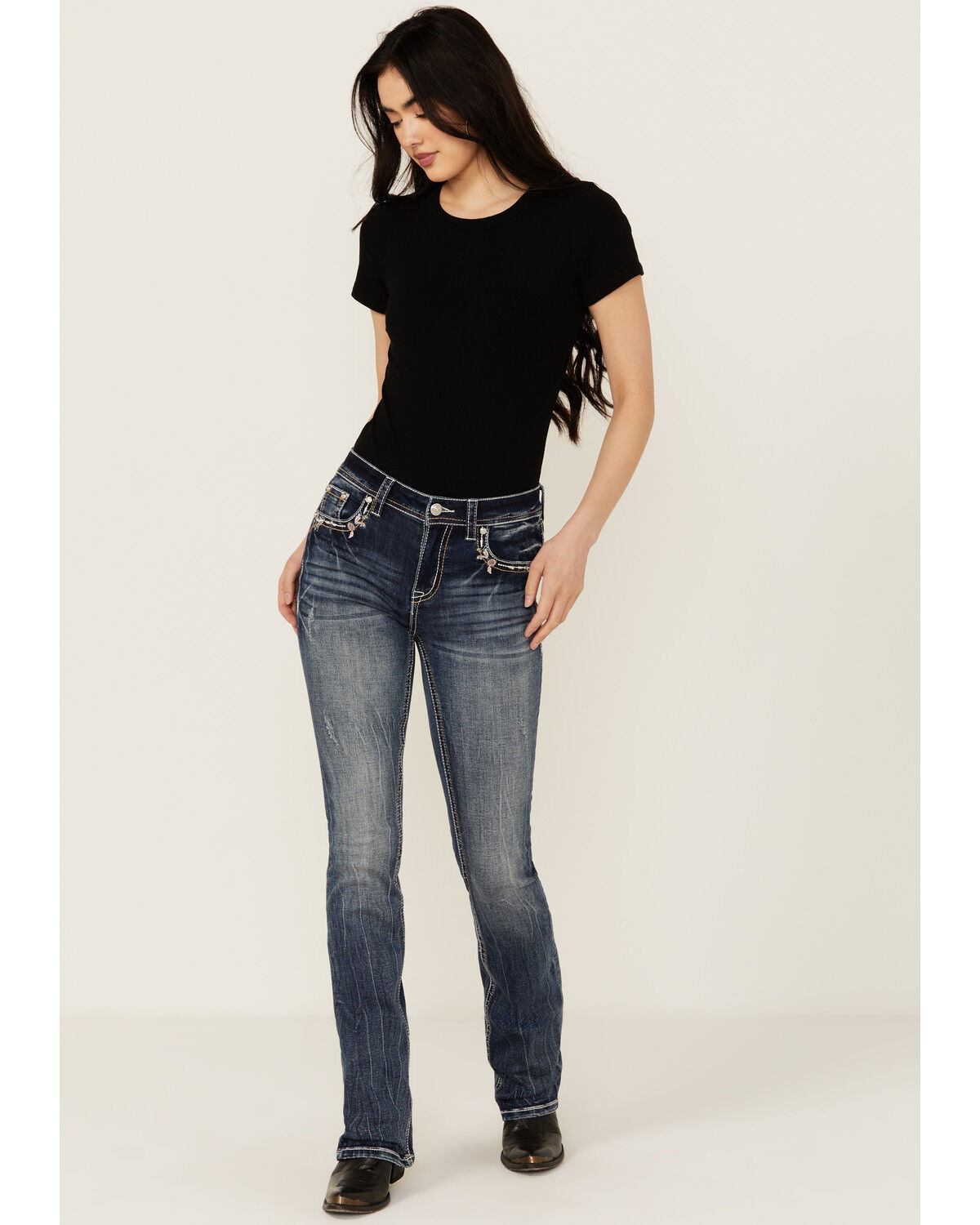 Image #3 - Grace In LA Women's Medium Wash Floral Paisley Embroidered Mid Rise Bootcut Stretch Denim Jeans, Medium Wash, hi-res