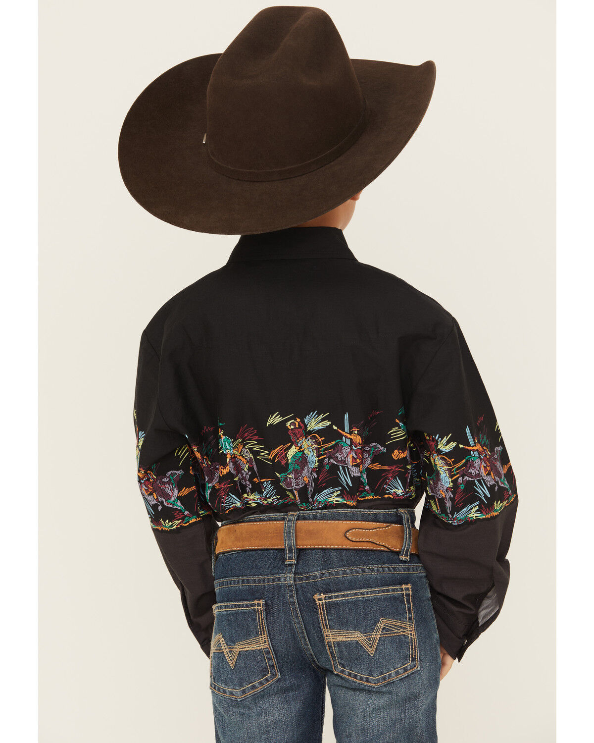 Image #4 - Roper Boys' Striped Border Print Long Sleeve Snap Western Shirt, Black, hi-res