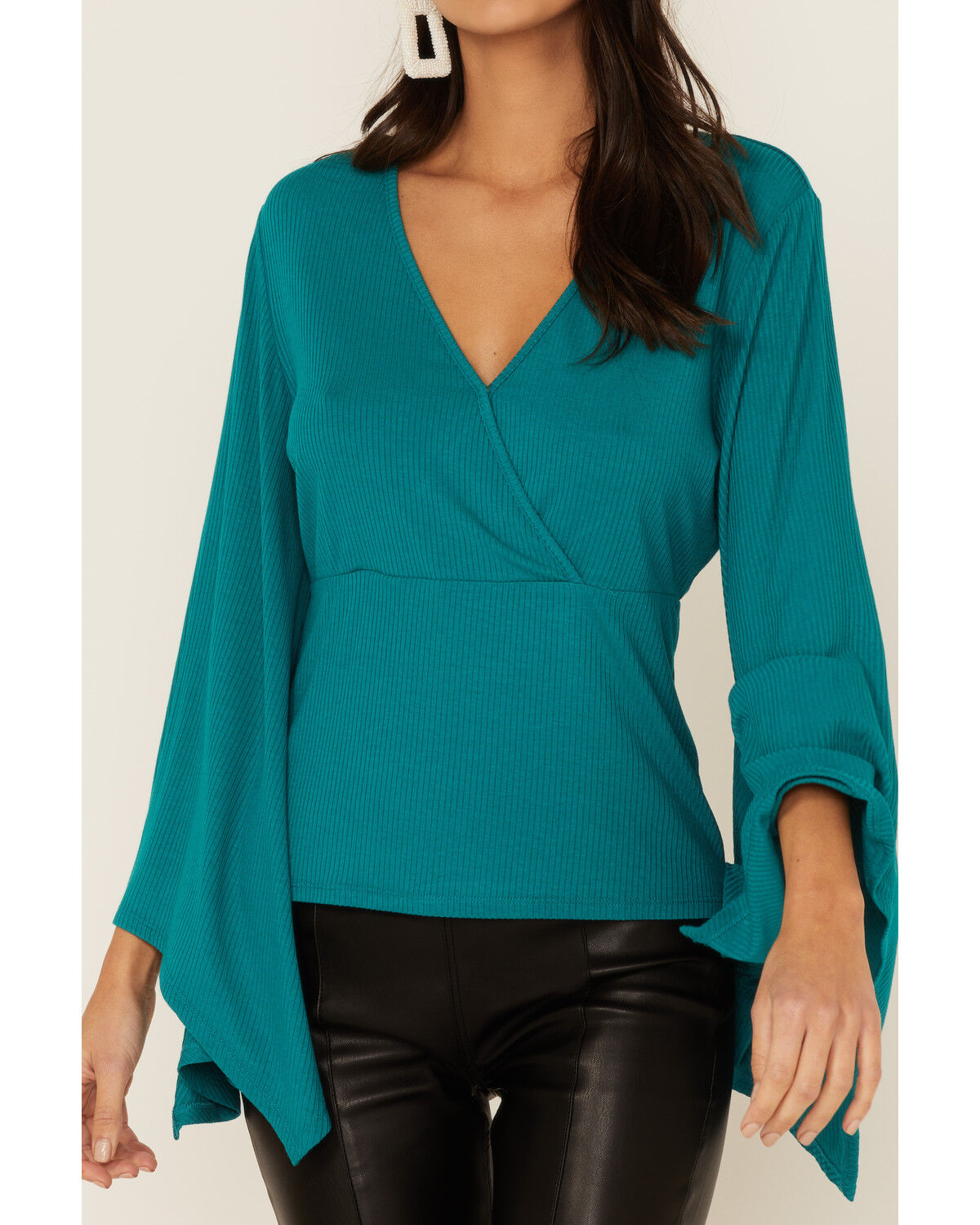 Image #2 - Wrangler Women's Teal Surplice Knit Bell Sleeve Top, Teal, hi-res