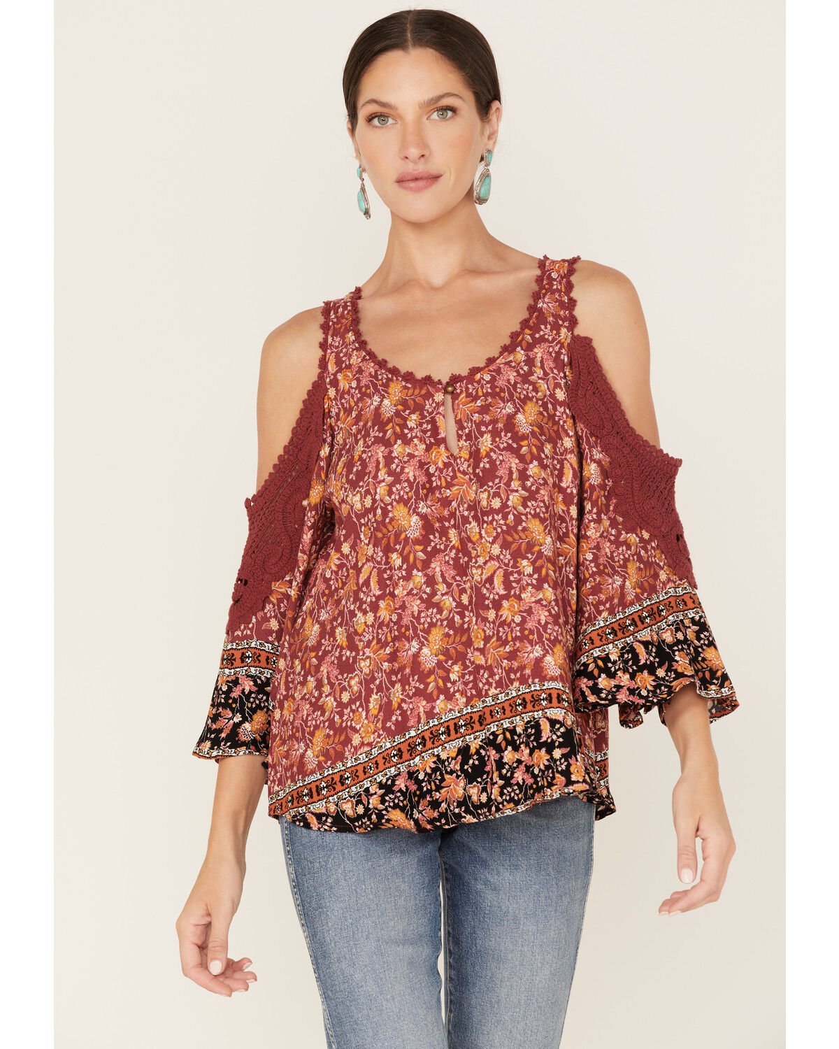 Image #1 - Wild Moss Women's Floral Print Cold Shoulder Top, Rust Copper, hi-res