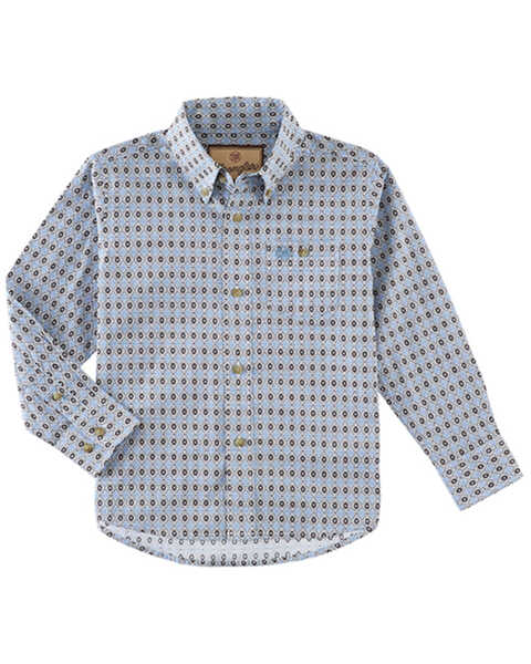 Wrangler Boys' Geo Print Long Sleeve Button-Down Western Shirt, Blue, hi-res