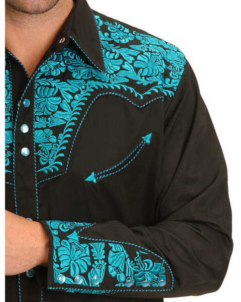 Image #2 - Scully Men's Gunfighter Embroidered Long Sleeve Snap Western Shirt , Turquoise, hi-res