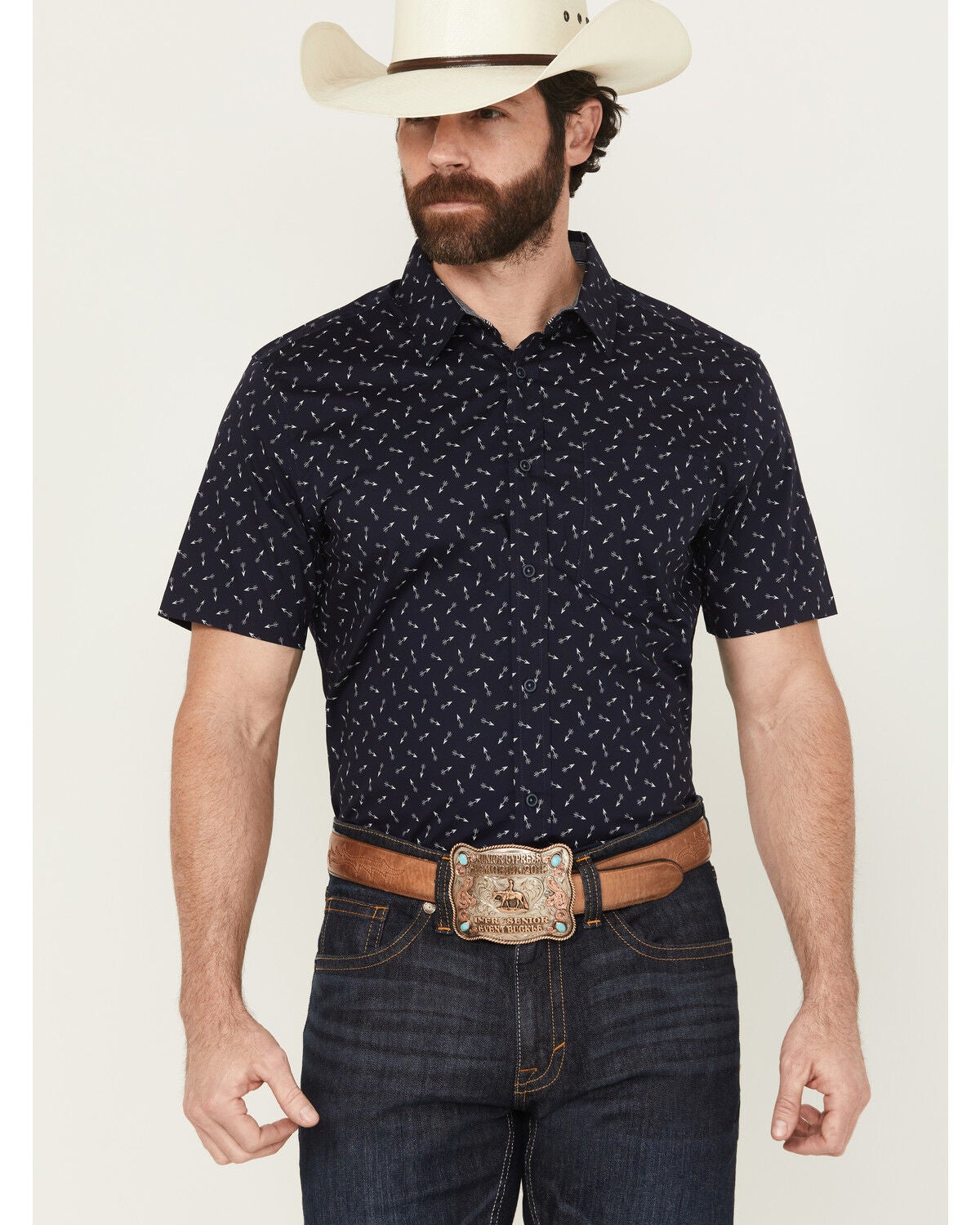 Cody James Men's Idaho Geo Print Short Sleeve Button-Down Stretch Western Shirt, Navy, hi-res