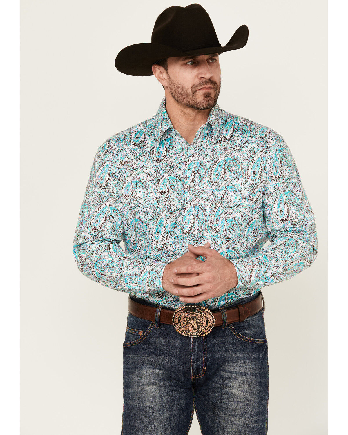 Image #1 - Rough Stock by Panhandle Men's Paisley Print Long Sleeve Pearl Snap Stretch Western Shirt, Turquoise, hi-res
