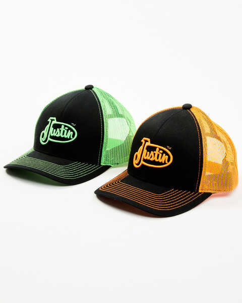 Justin Men's Assorted Embroidered Neon Logo Mesh Back Trucker Cap, Multi, hi-res
