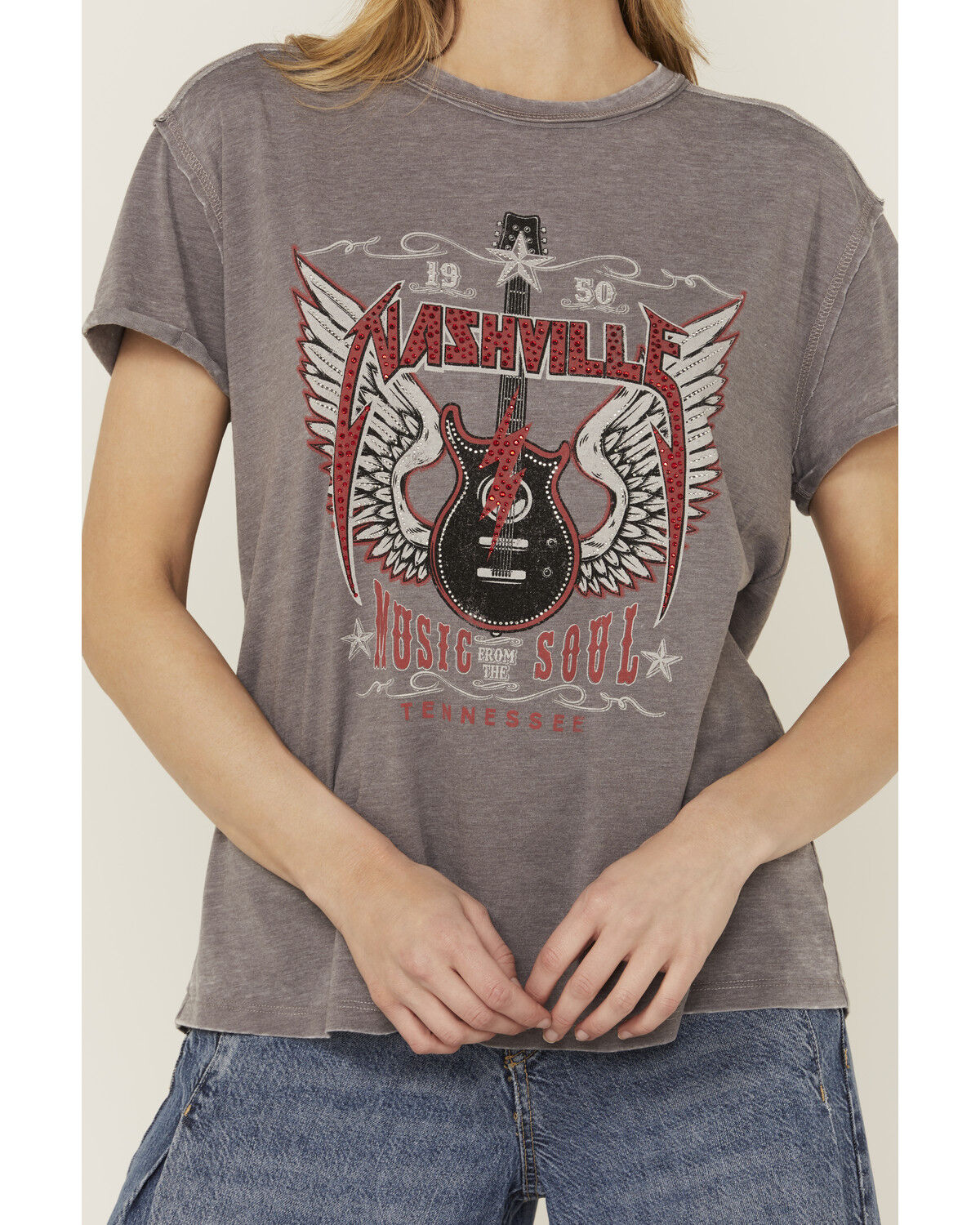 Image #3 - Blended Women's Nashville Embellished Short Sleeve Graphic Tee, Grey, hi-res