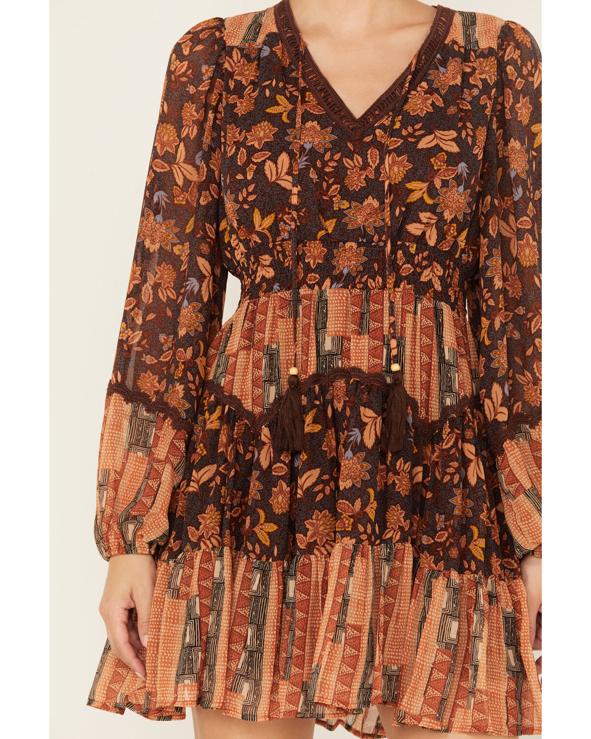 Image #3 - Miss Me Women's Floral Print Long Sleeve Mini Dress, Burgundy, hi-res