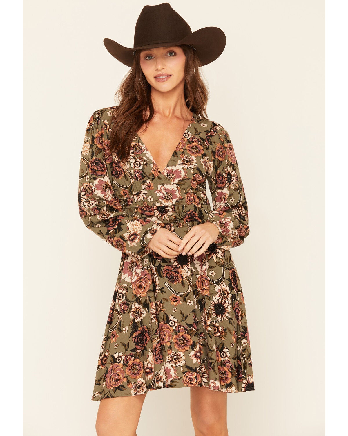 Wrangler Women's Floral Horseshoe Long Sleeve Mini Dress, Green, hi-res