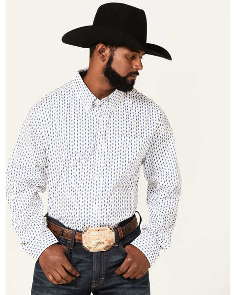 Image #1 - RANK 45® Men's Trained Geo Print Long Sleeve Button-Down Western Shirt , White, hi-res