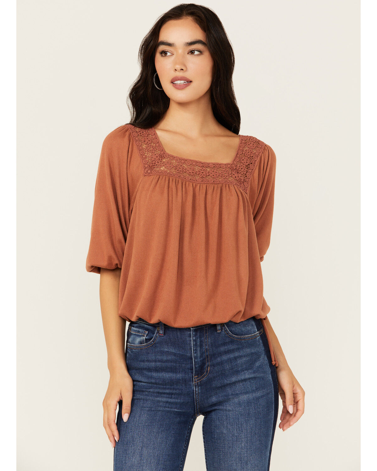 Image #1 - Wild Moss Women's Crochet Trim Top, Rust Copper, hi-res