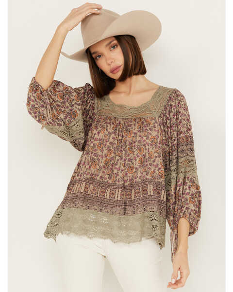 Image #1 - Angie Women's Long Sleeve Macrame Insert Floral Border Print Top, Rust Copper, hi-res
