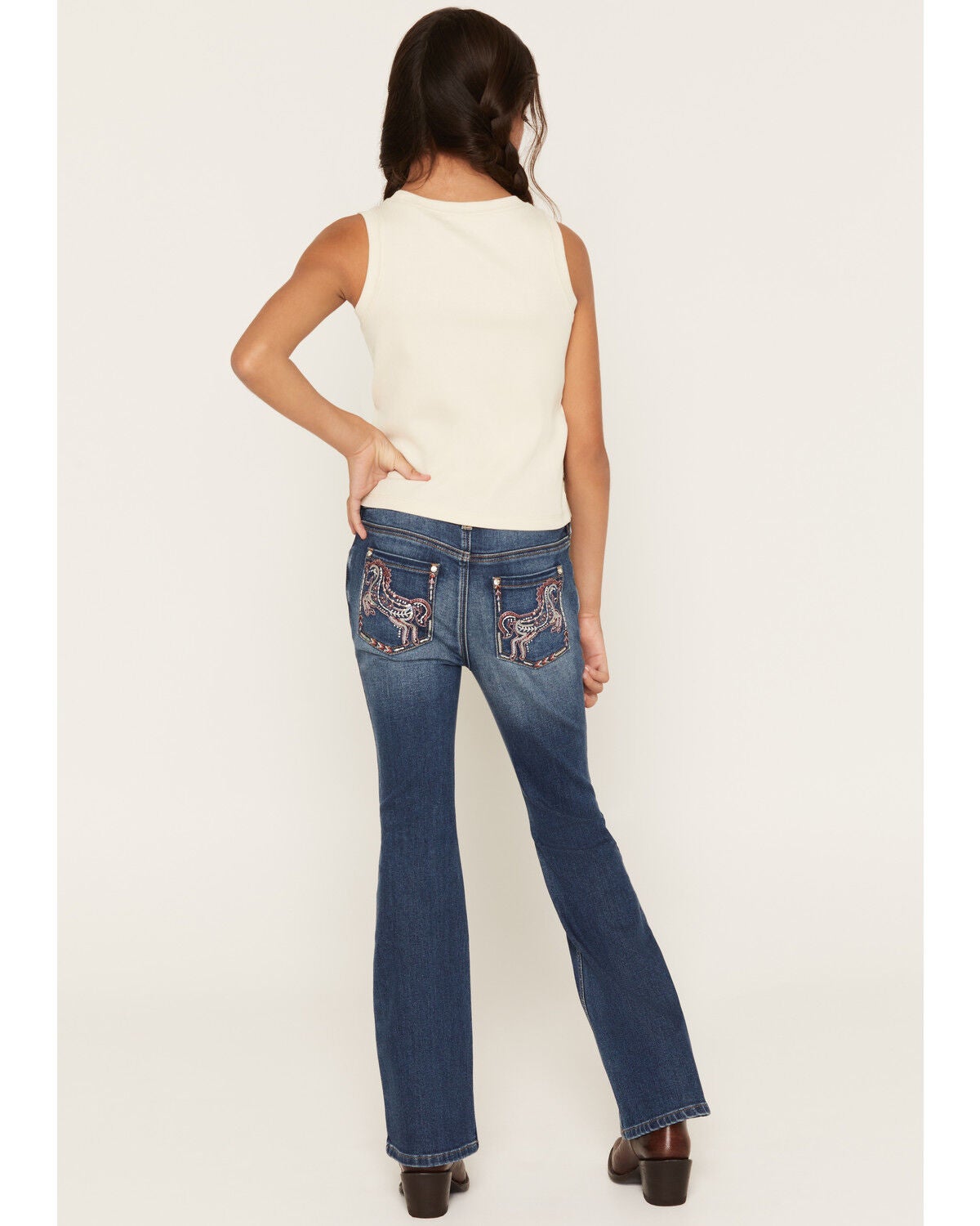 Image #1 - Shyanne Little Girls' Westend Medium Wash Horse Pocket Bootcut Stretch Denim Jeans, Medium Wash, hi-res