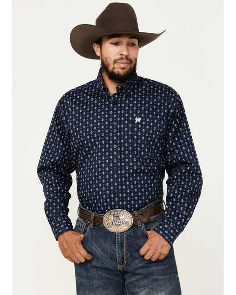 Image #1 - Cinch Men's Geo Print Long Sleeve Button-Down Western Shirt, Navy, hi-res