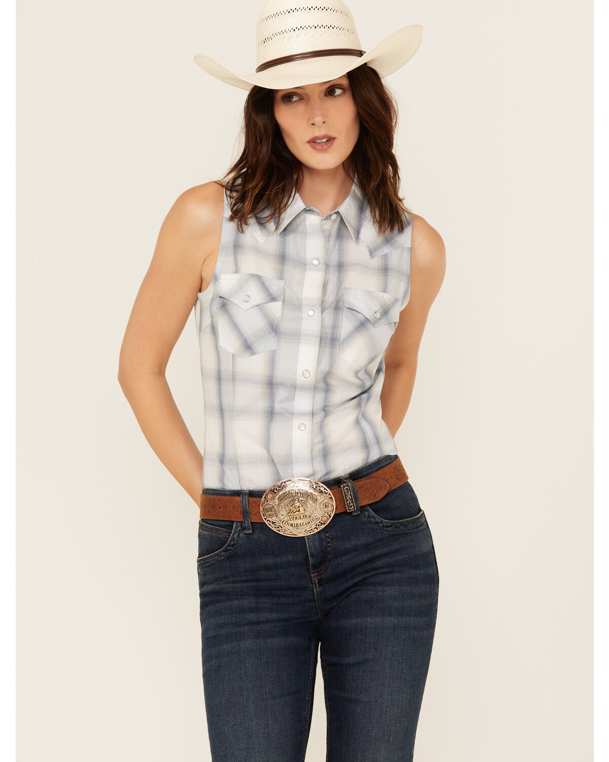 Image #1 - Wrangler Retro Women's Boot Barn Exclusive Plaid Print Sleeveless Snap Western Shirt, Blue, hi-res