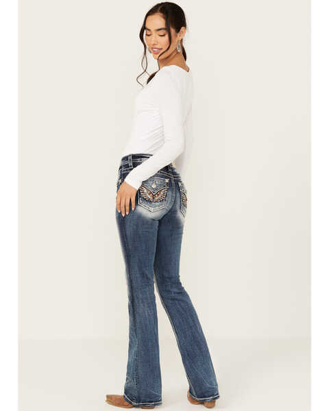 Miss Me Women's Medium Wash Mid Rise Wing Pocket Bootcut Stretch Denim Jeans , Medium Wash, hi-res