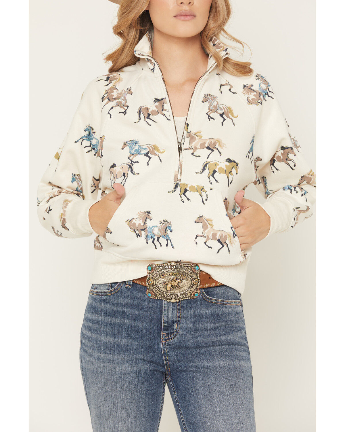 Image #3 - Shyanne Women's Horse Print 1/2 Zip Fleece Pullover, Cream, hi-res