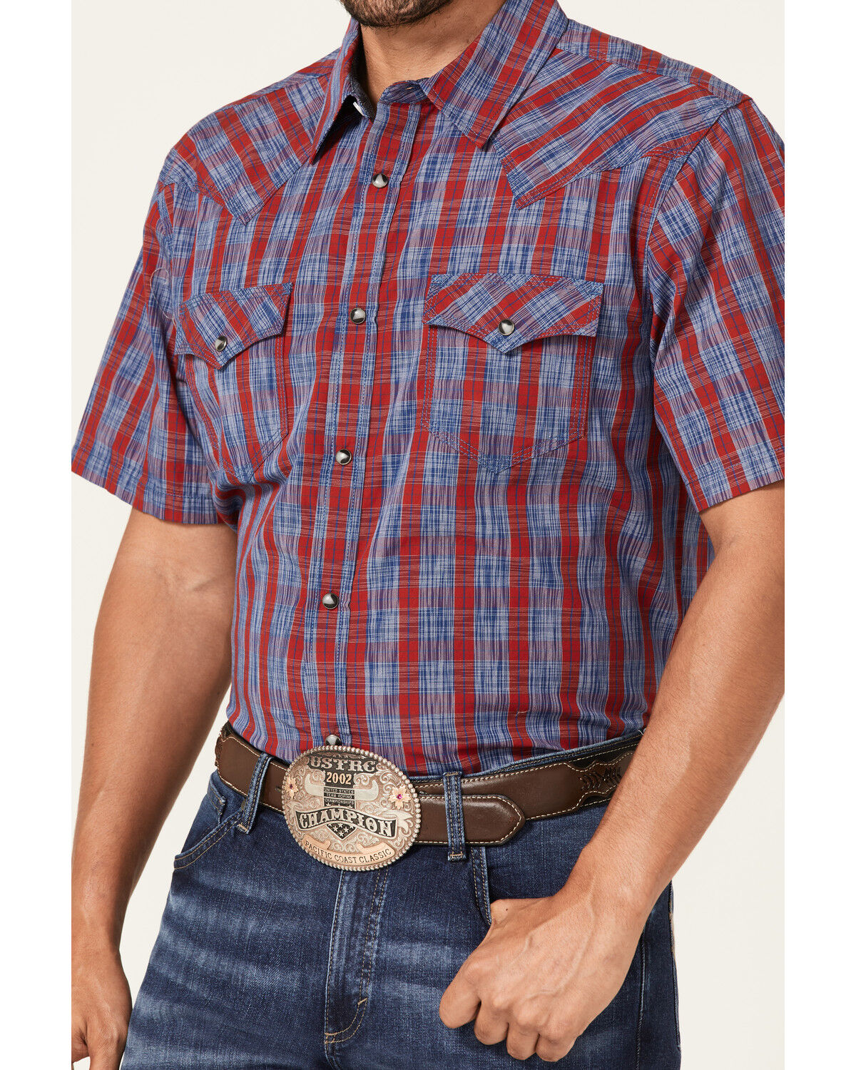 Image #3 - Moonshine Spirit Men's Roja Plaid Print Short Sleeve Snap Western Shirt, Navy, hi-res