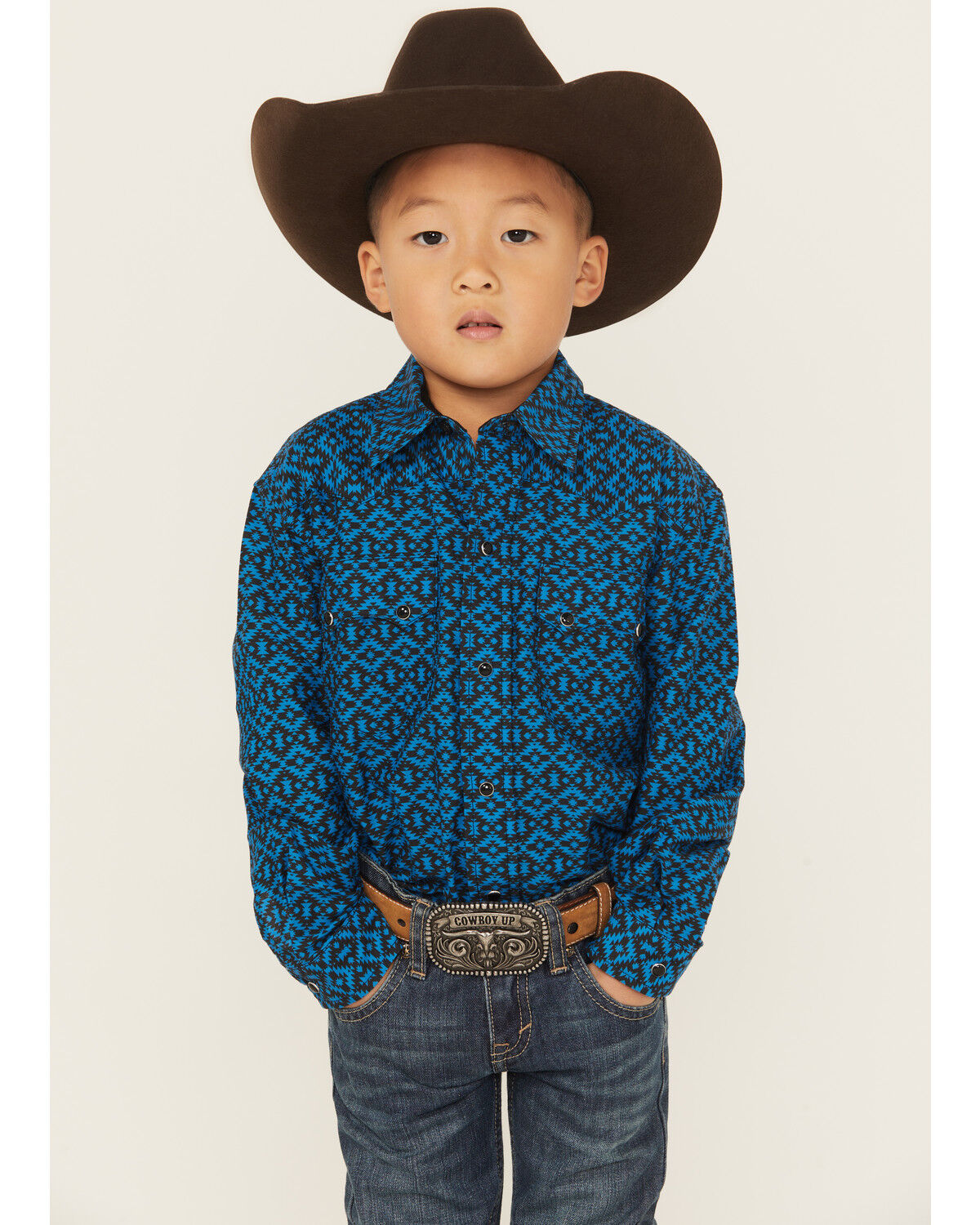 Image #1 - Roper Boys' Southwestern Print Long Sleeve Snap Western Shirt, Blue, hi-res