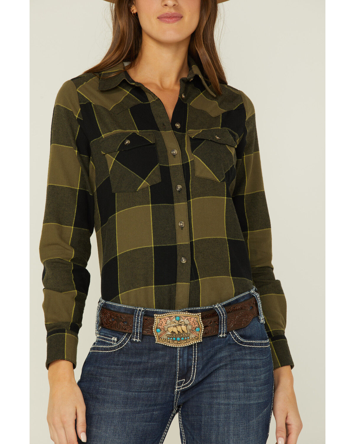 Womens olive green plaid flannel shirt clearance