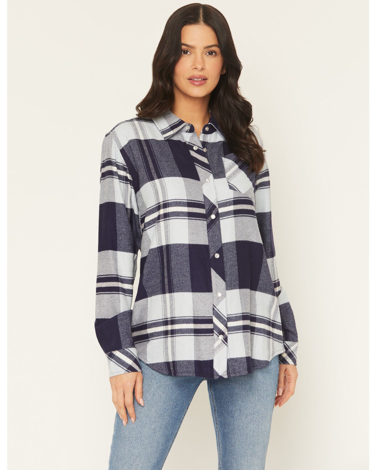 Idyllwind Women's Shadowood Plaid Print Long Sleeve Snap Flannel Shirt, Indigo, hi-res
