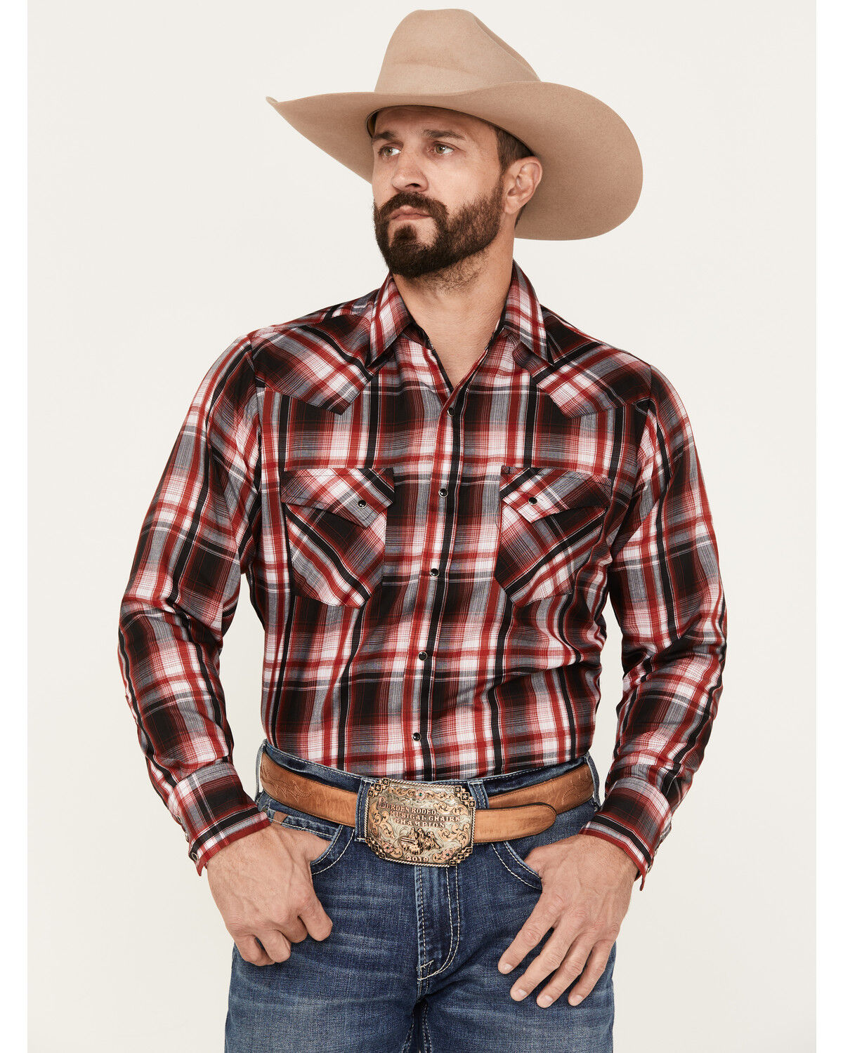 Image #1 - Ely Walker Men's Plaid Print Long Sleeve Snap Western Shirt, Red, hi-res