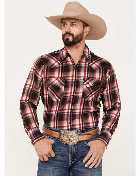 Image #1 - Ely Walker Men's Plaid Print Long Sleeve Snap Western Shirt , Red, hi-res