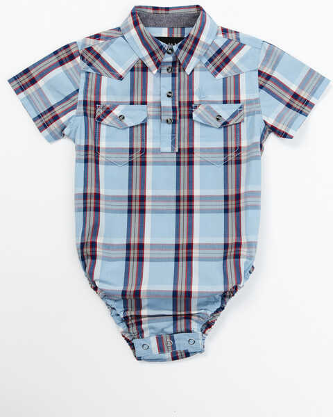 Cody James Infant Boys' Plaid Print Short Sleeve Snap Onesie, Light Blue, hi-res