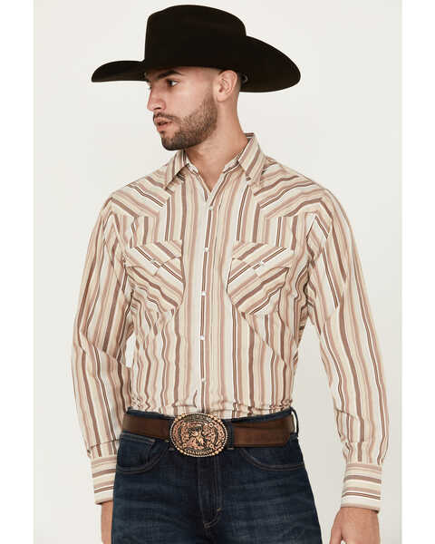 Image #1 - Ely Walker Men's Striped Print Long Sleeve Snap Western Shirt - Big , Tan, hi-res