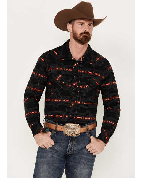 Rock & Roll Denim Men's Southwestern Print Long Sleeve Snap Western Shirt, Black, hi-res