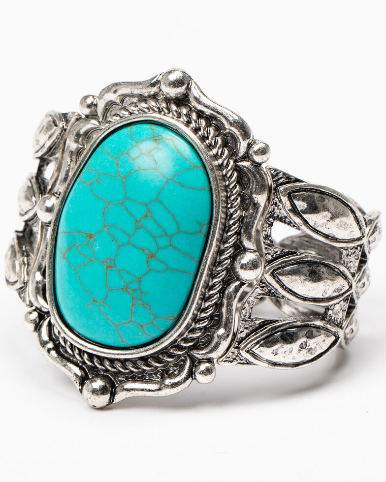 Shyanne Women's Roaming West Large Turquoise Stone Stretch Cuff, Silver, hi-res