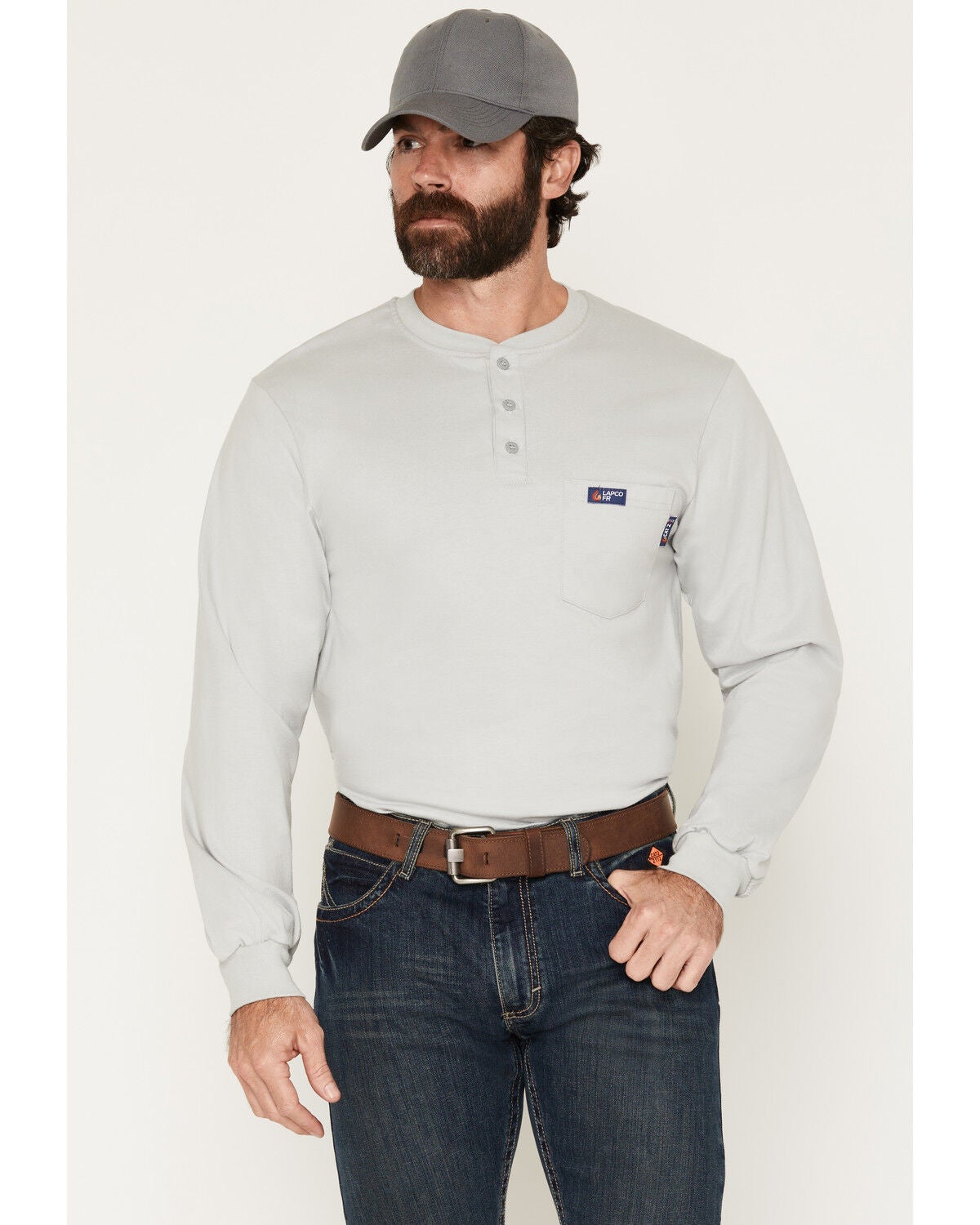 Lapco Men's FR Long Sleeve Henley T-Shirt, Grey, hi-res