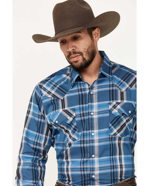 Ely Walker Men's Plaid Print Long Sleeve Snap Western Shirt - Tall, Blue, hi-res