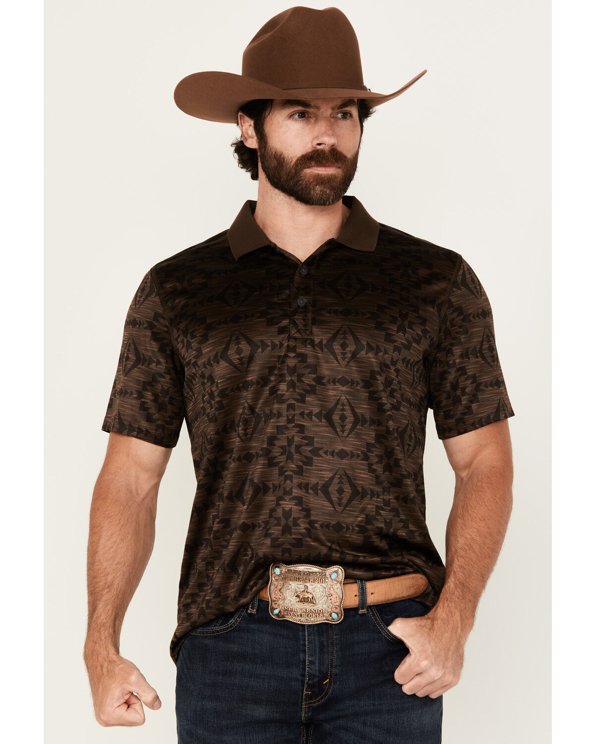 Image #1 - RANK 45® Men's Tonal Southwestern Print Short Sleeve Button-Down Polo Shirt, Coffee, hi-res