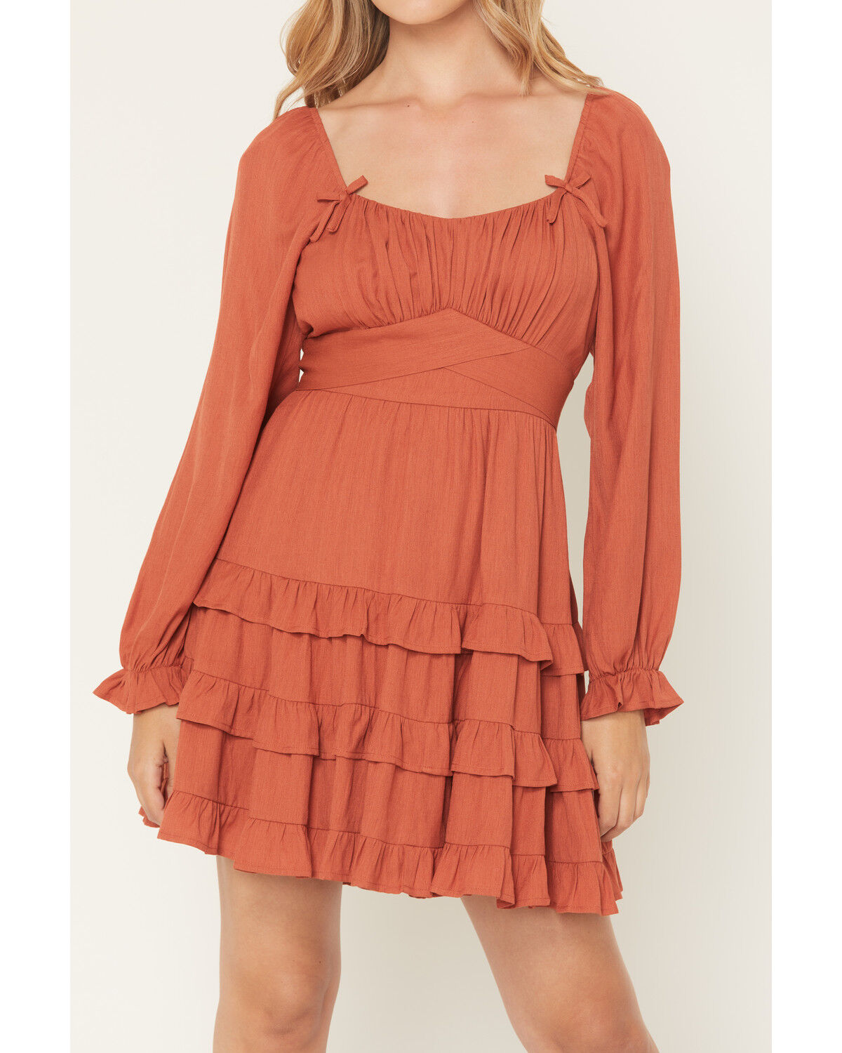 Image #3 - Ash & Violet Women's Boot Barn Exclusive Solid Bow Long Sleeve Mini Dress, Rust Copper, hi-res