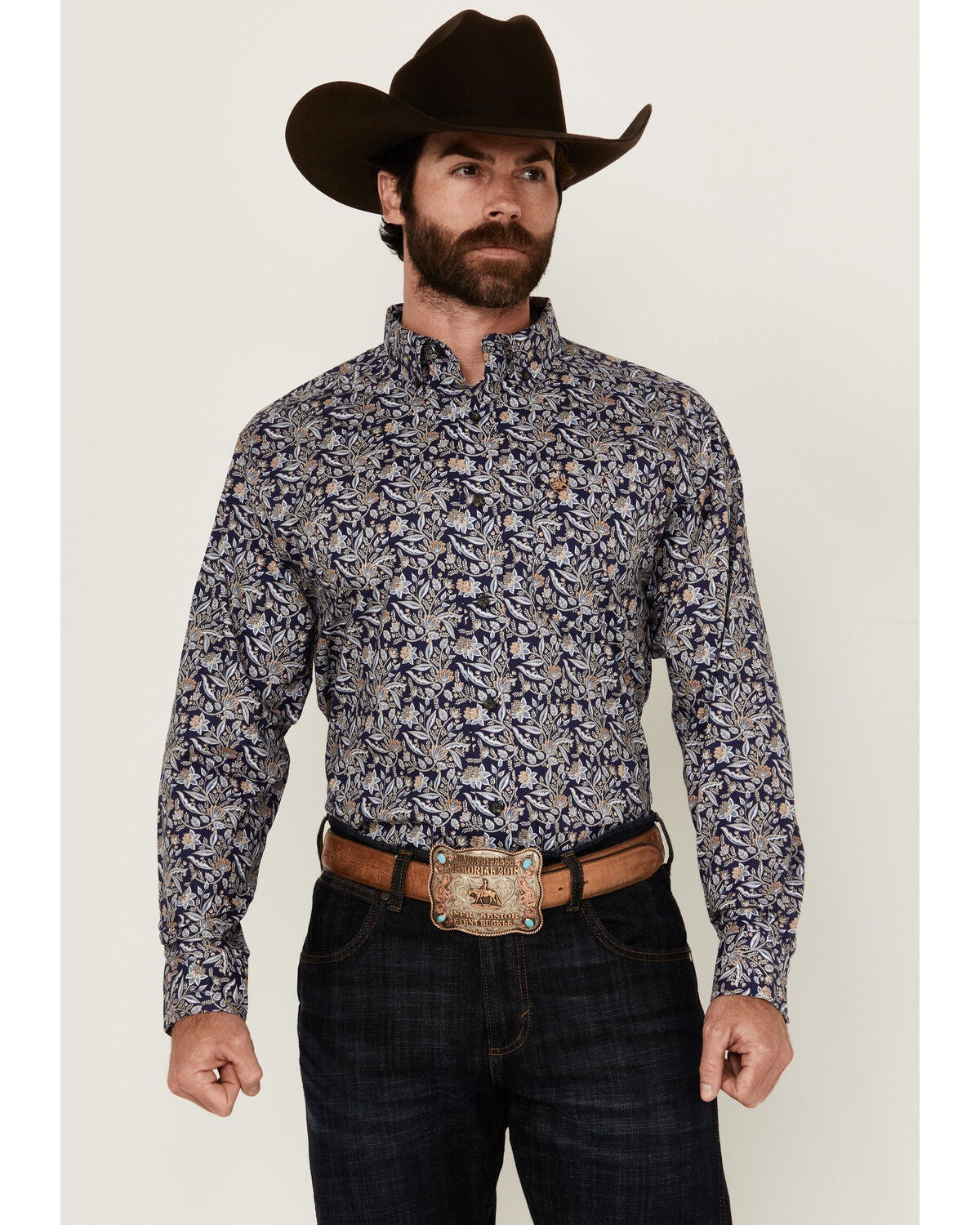 Ariat Men's Creighton Paisley Print Long Sleeve Button-Down Western Shirt, Navy, hi-res