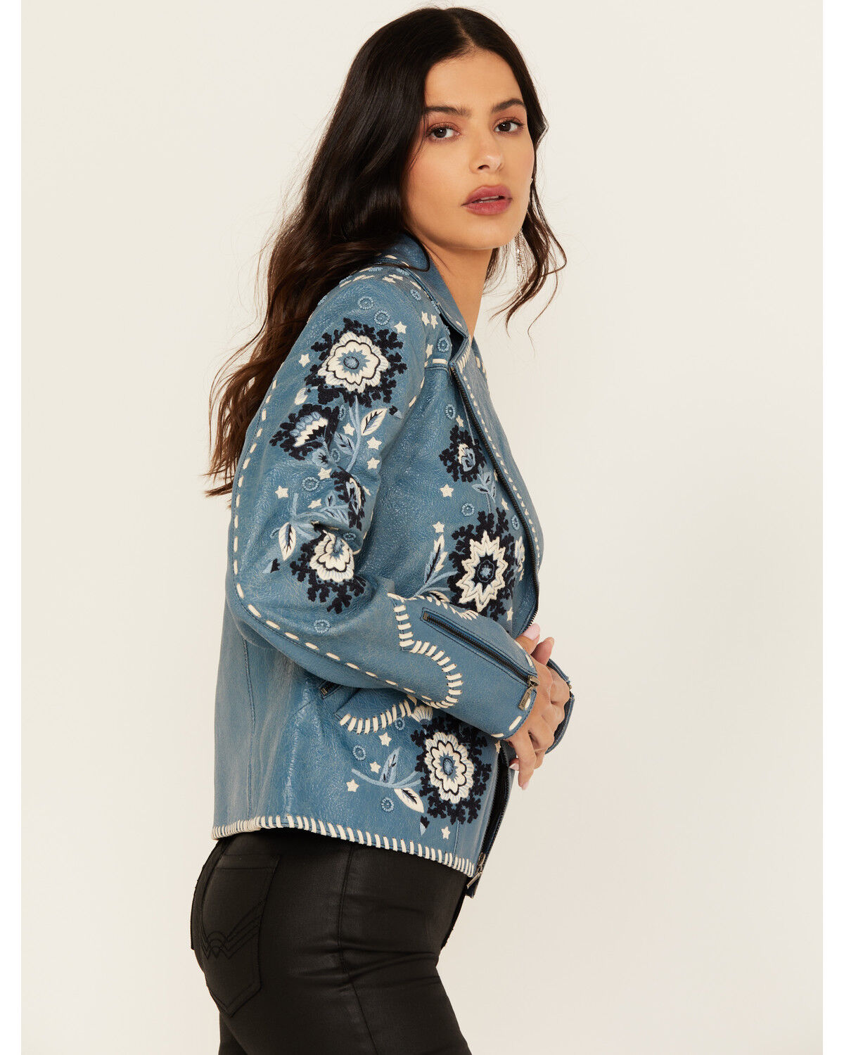 Image #2 - Double D Ranch Women's Floral Leather Jacket, Blue, hi-res