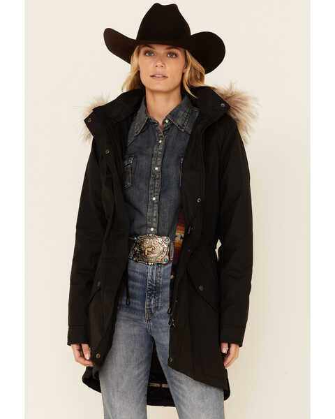Outback Trading Co. Women's Solid Black Luna Fur Collar Storm-Flap Hooded Jacket , Black, hi-res