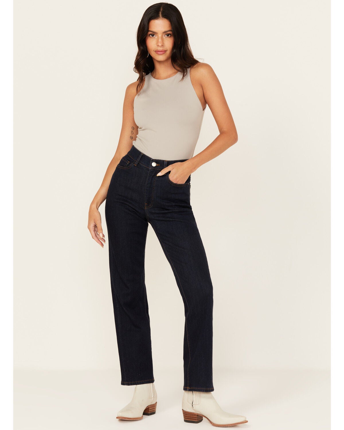 Warp + Weft Women's Jet Set Dark Wash High Rise Straight Stretch Denim Jeans, Dark Wash, hi-res