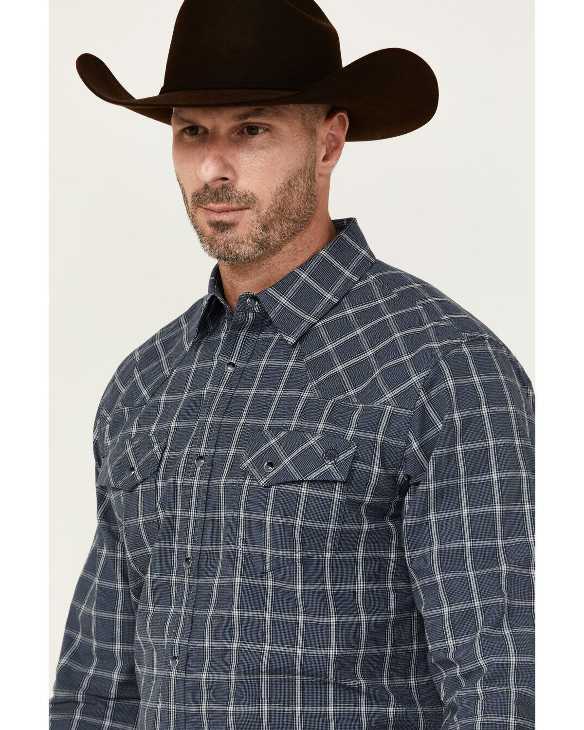 Image #2 - Blue Ranchwear Men's Elk Plaid Print Long Sleeve Snap Western Shirt, Indigo, hi-res