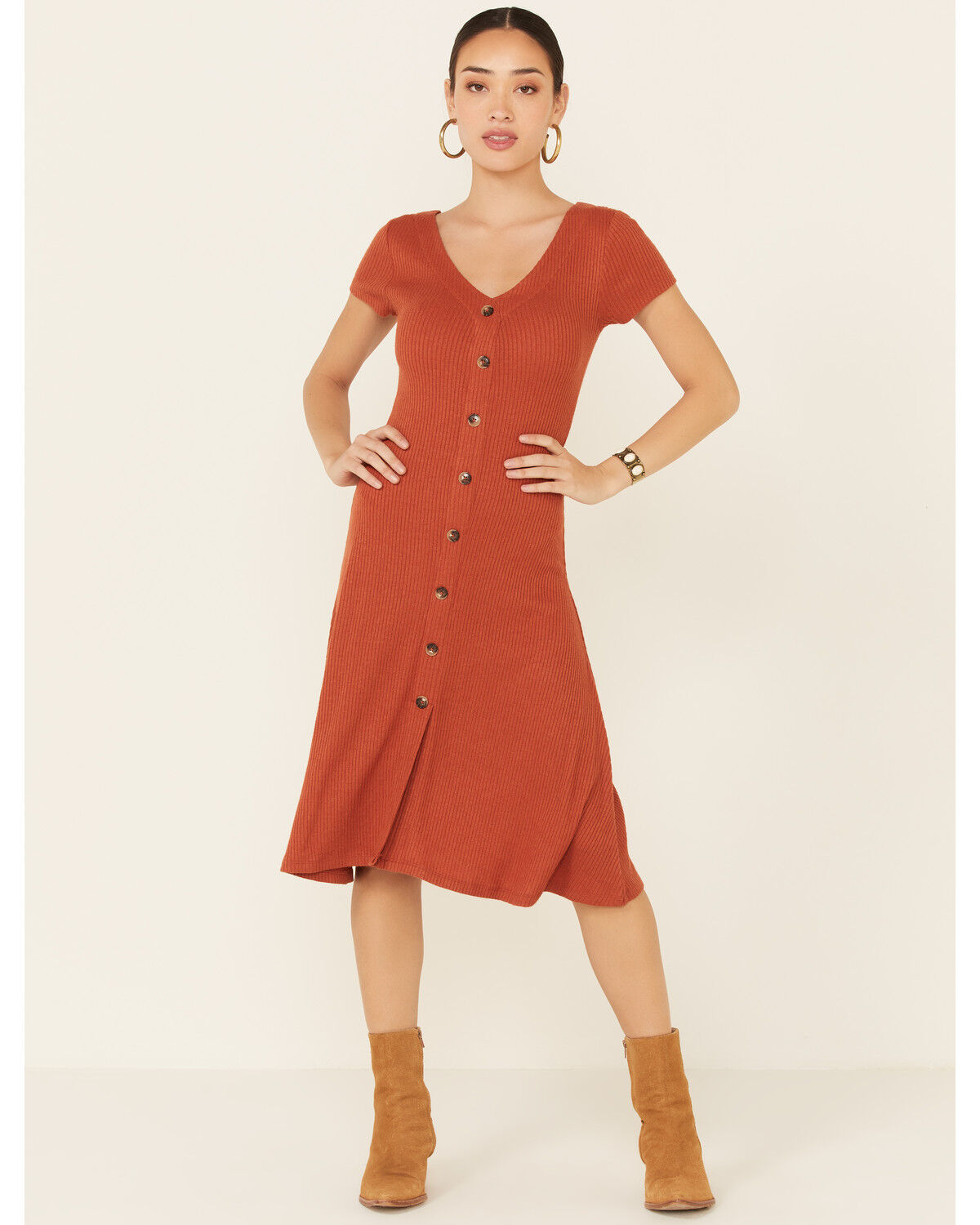 Image #2 - HYFVE Women's Knit Button-Front Fit & Flare Midi Dress, Beige/khaki, hi-res