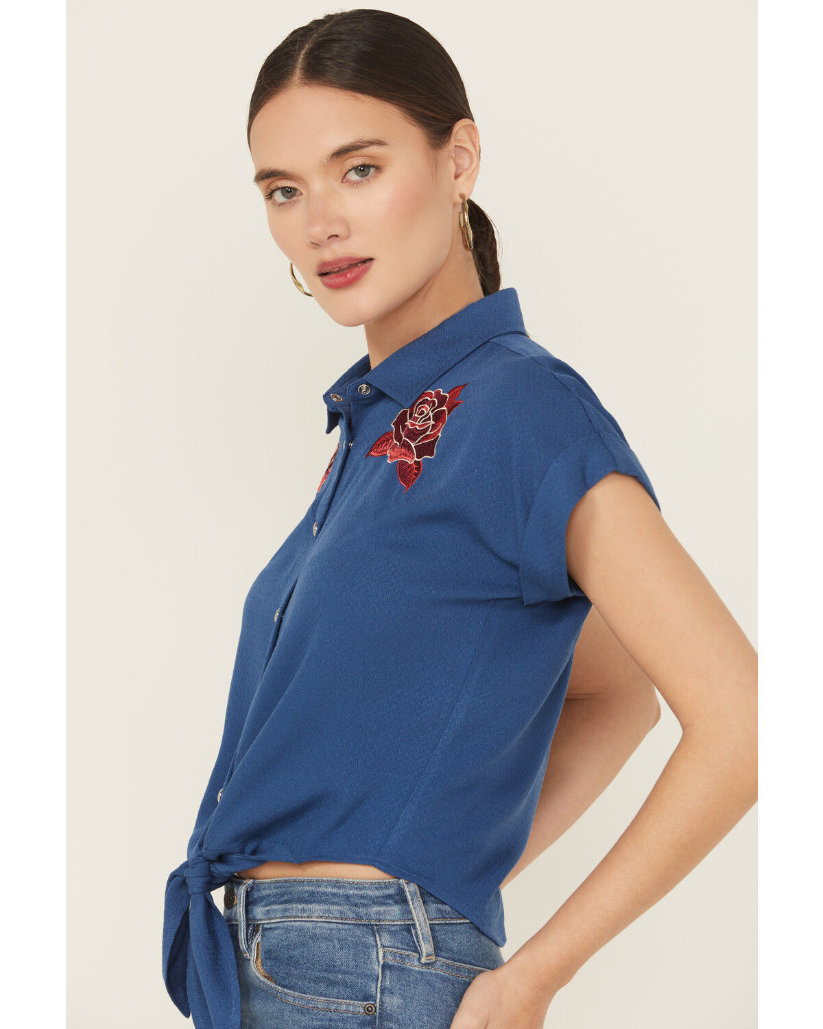 Image #3 - Idyllwind Women's Roland Embroidered Tie-Front Camp Shirt, Blue, hi-res