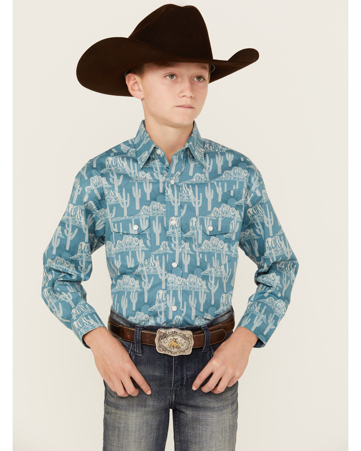 Image #1 - Rock & Roll Denim Boys' Cactus Print Long Sleeve Pearl Snap Stretch Western Shirt, Turquoise, hi-res