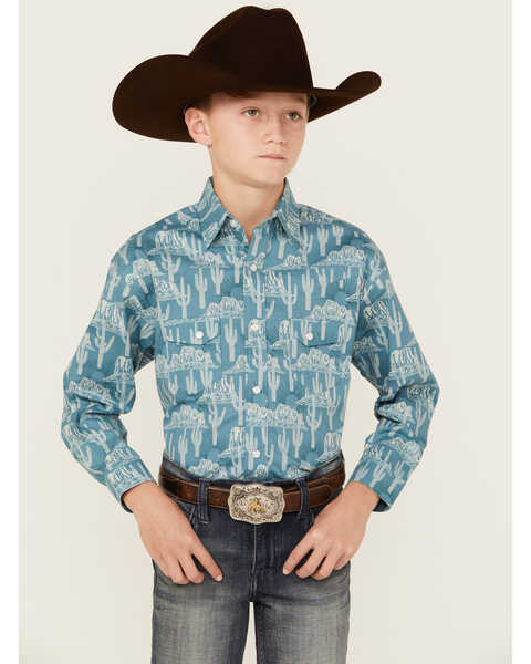 Rock & Roll Denim Boys' Cactus Print Long Sleeve Pearl Snap Stretch Western Shirt , Turquoise, hi-res