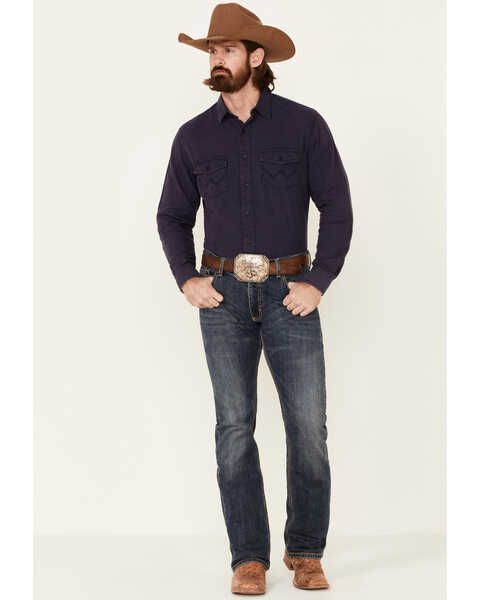 Wrangler Retro Premium Men's Solid Long Sleeve Button-Down Western Shirt , Blue, hi-res