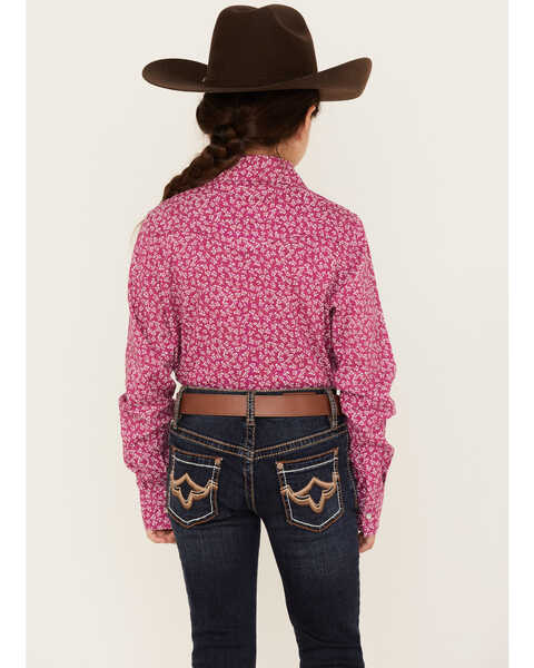 Image #4 - Shyanne Girls' Ditsy Floral Print Long Sleeve Western Pearl Snap Shirt, Fuchsia, hi-res