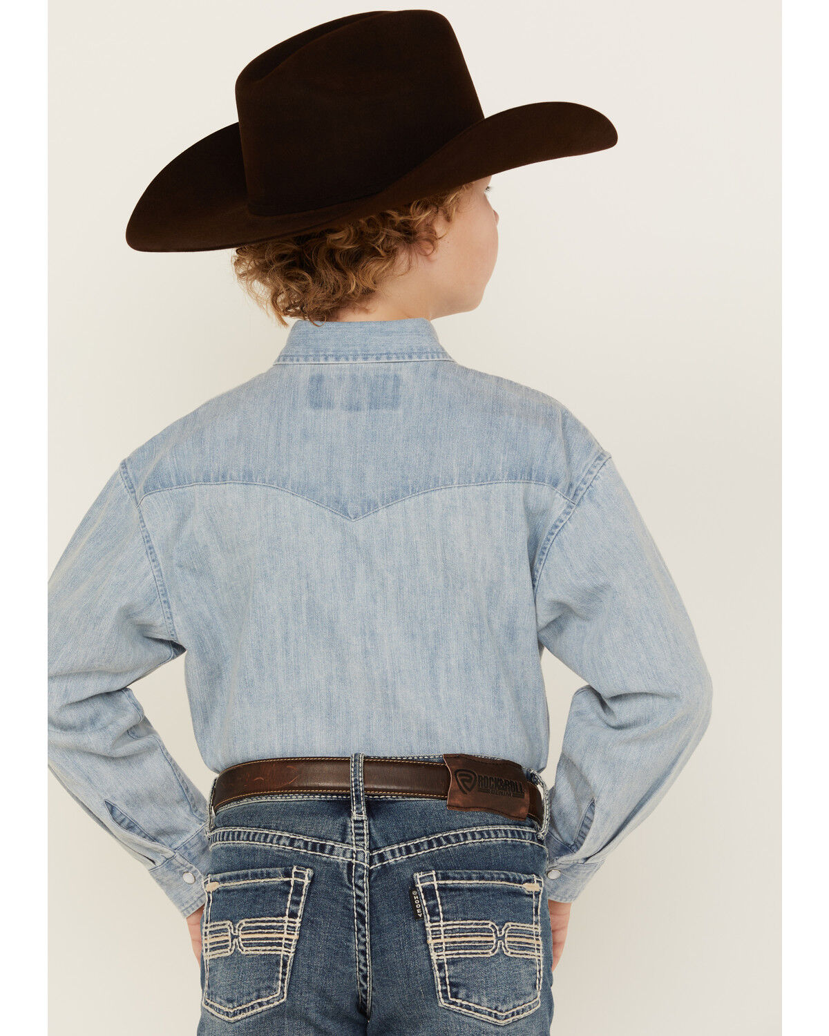 Image #4 - Rock & Roll Denim Boys' Light Wash Denim Long Sleeve Pearl Snap Western Shirt, Blue, hi-res