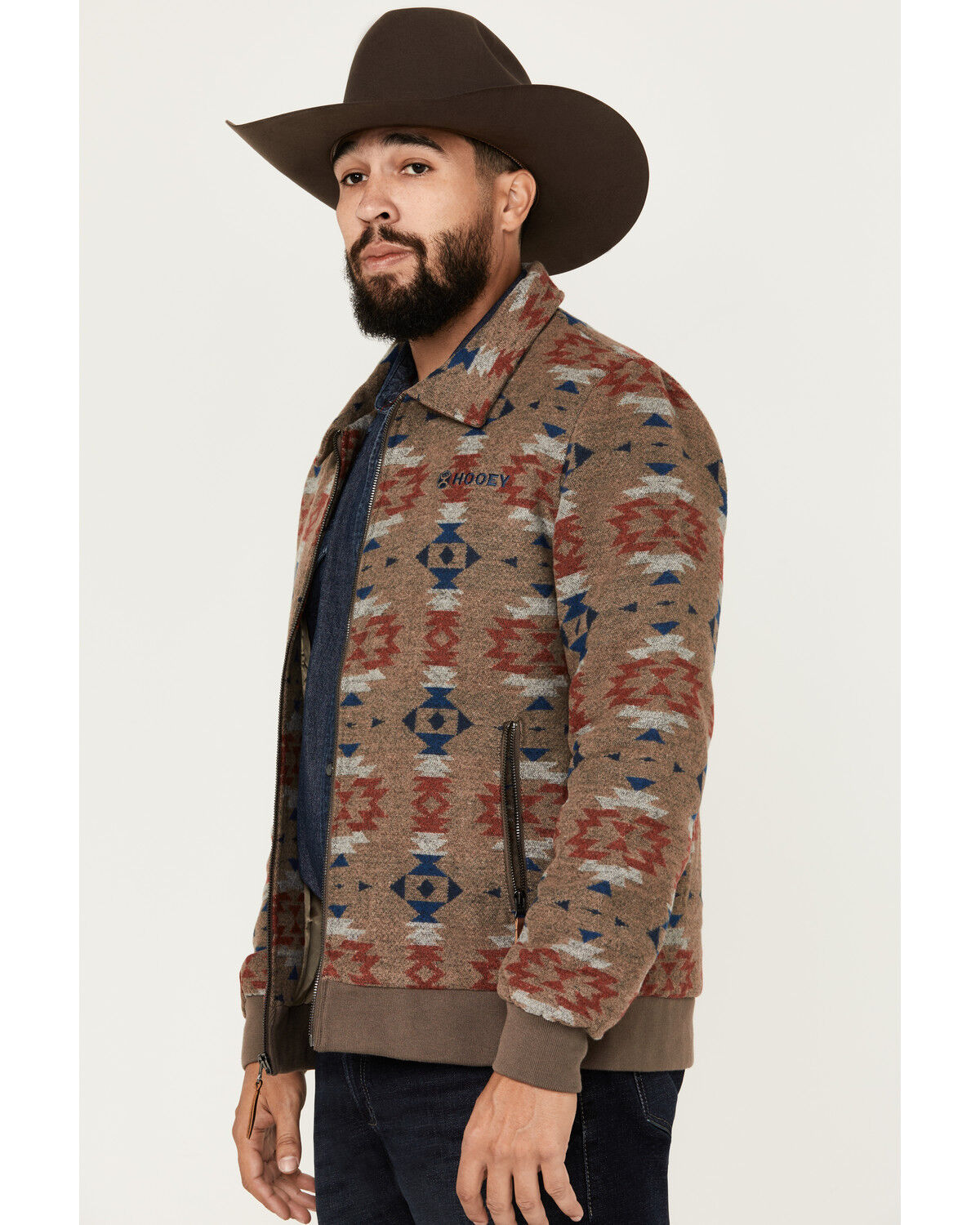 Image #2 - Hooey Men's Southwestern Print Bomber Jacket, Red, hi-res