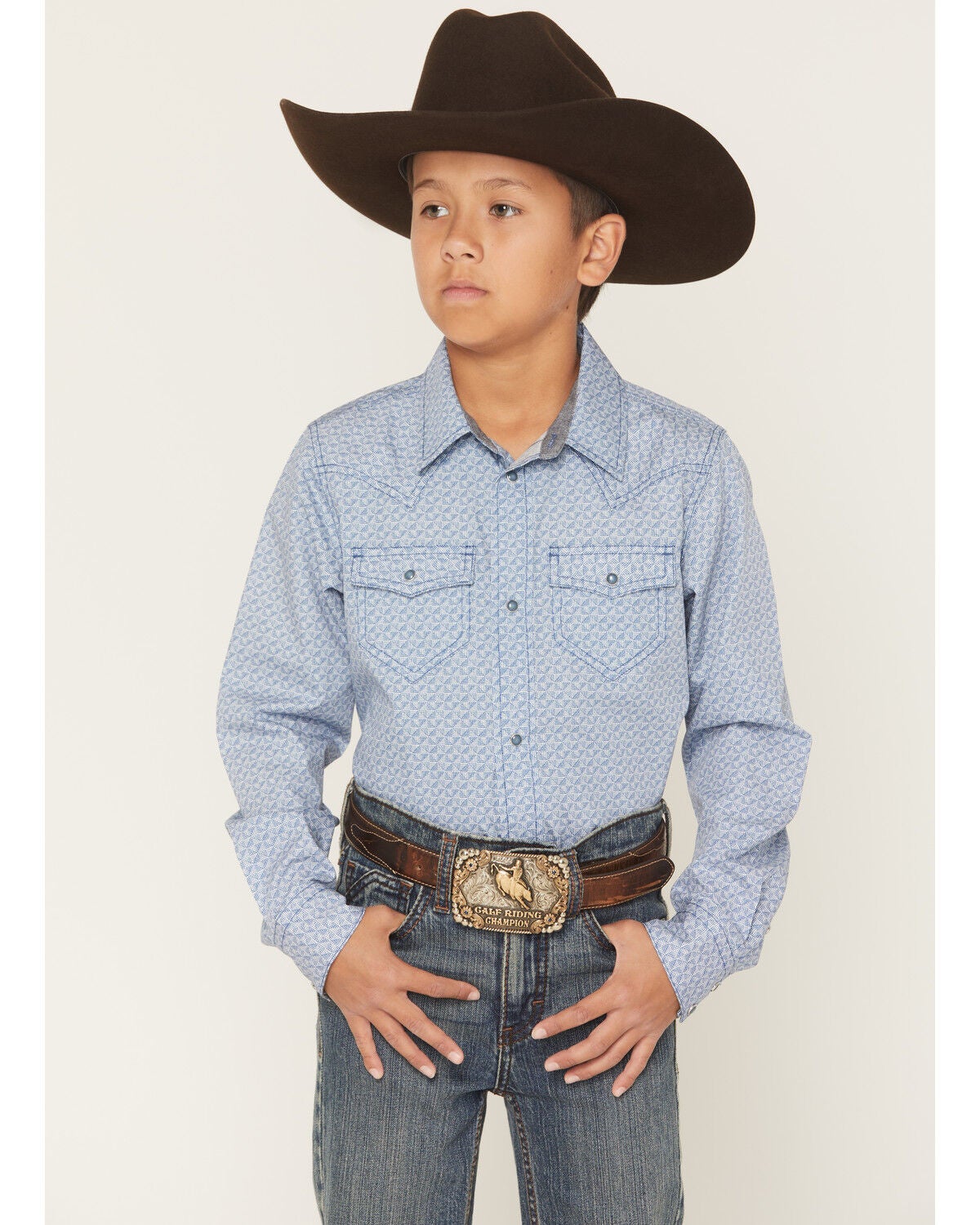 Cody James Boys' Coastal Cowboy Geo Print Long Sleeve Snap Western Shirt, Blue, hi-res